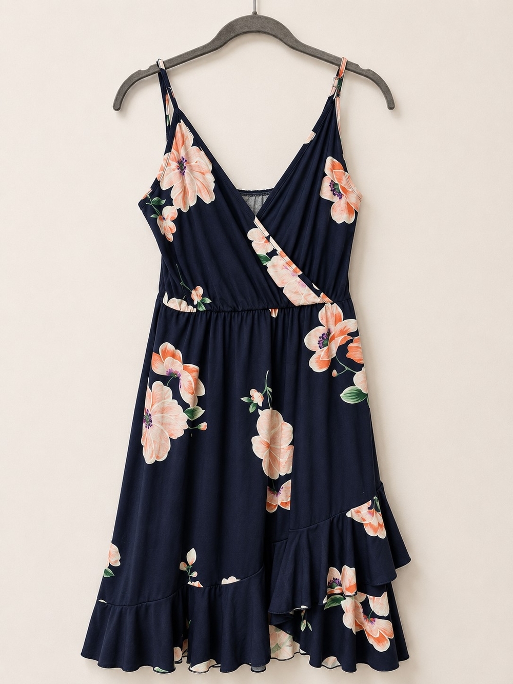 Navy Floral Ruffle Midi Dress – Size Medium